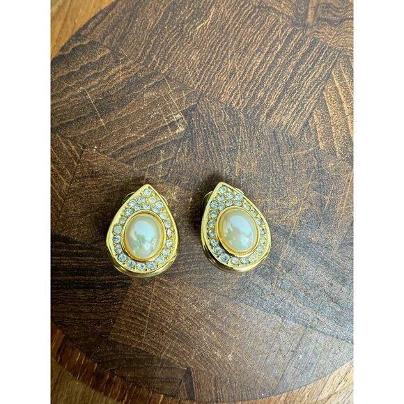 Christian Dior Gold-Tone Clip-On Earrings With Faux Pearls Rhinestones Teardrop - Picture 2 of 6